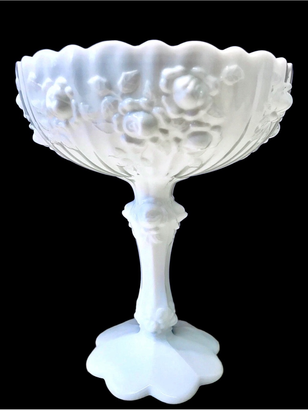 Fenton Vintage 60’s White Cabbage Rose Milk Glass Scalloped Rim Pedestal Compote
